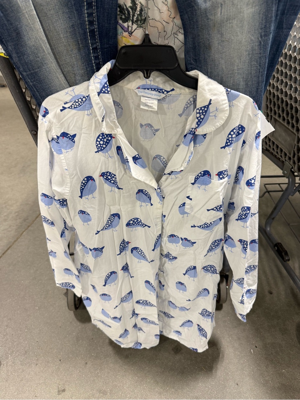 The Company Store White and Blue Bird-Print Cotton Pajama Top XL